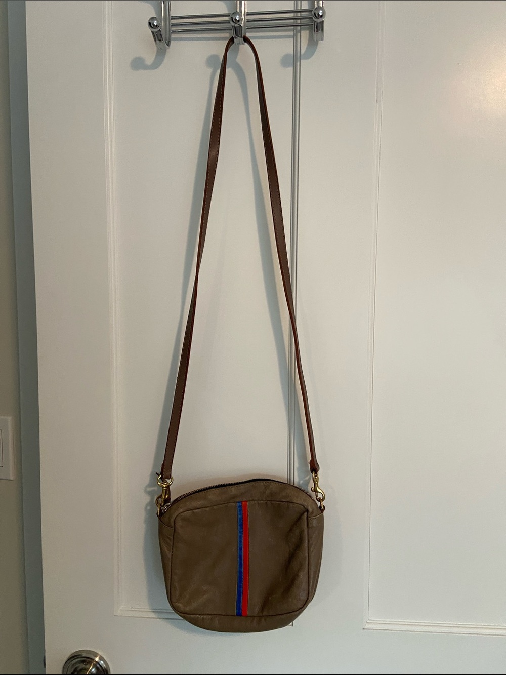 Clare V. Brown Leather Crossbody Bag with Red & Blue Stripe